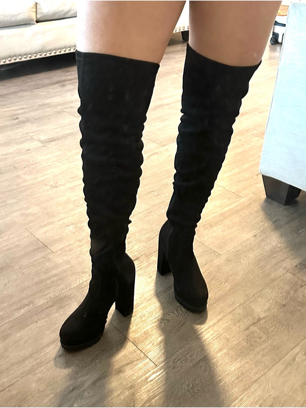 Black Over-the-Knee Suede Block Heel Boots - Women's